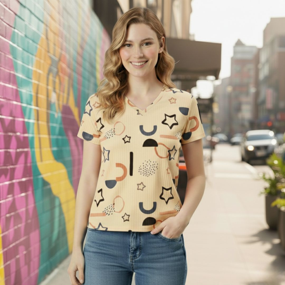 Playful Abstract Printed Women’s V-Neck T-shirt
