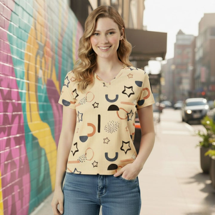Playful Abstract Printed Women’s V-Neck T-shirt