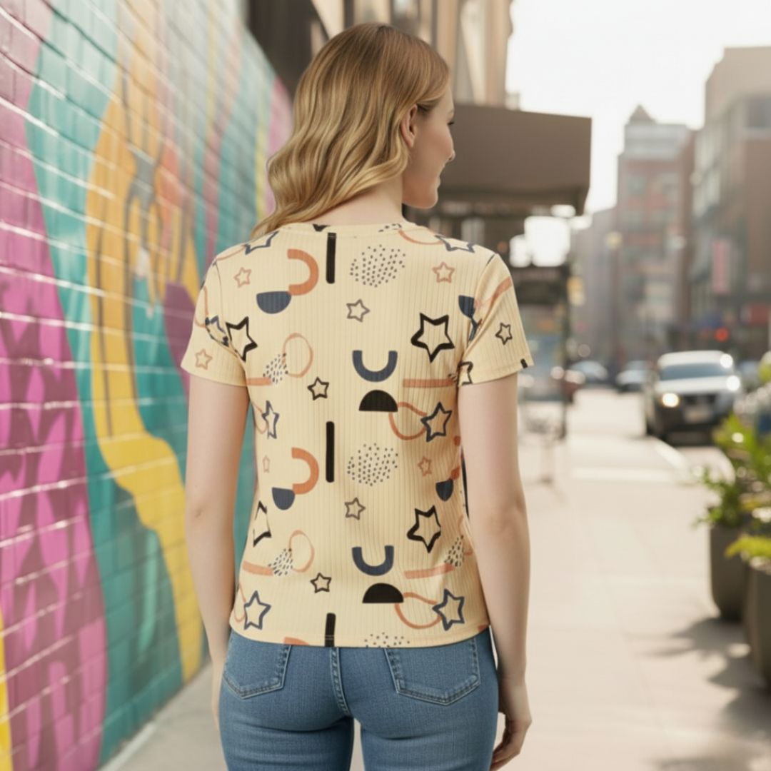 womens abstract print v neck tee