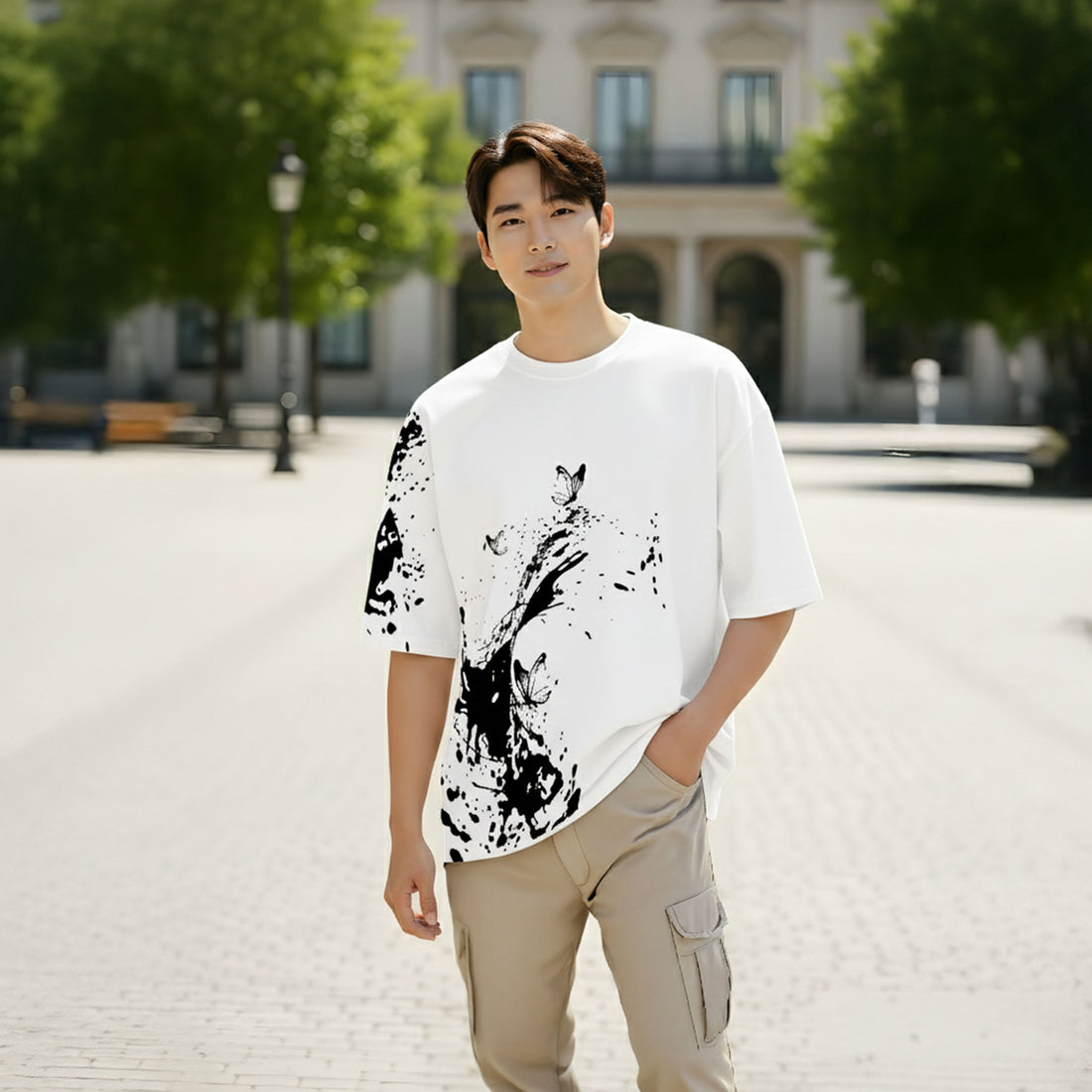 🎁 Splash Butterfly Oversized T-shirt – White Color (100% off)