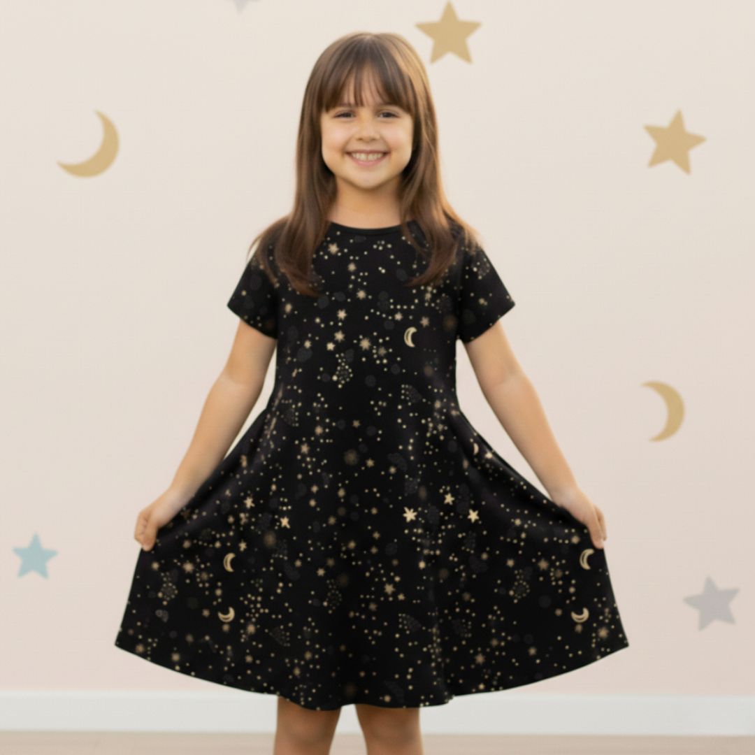 galaxy print flared dress for girls